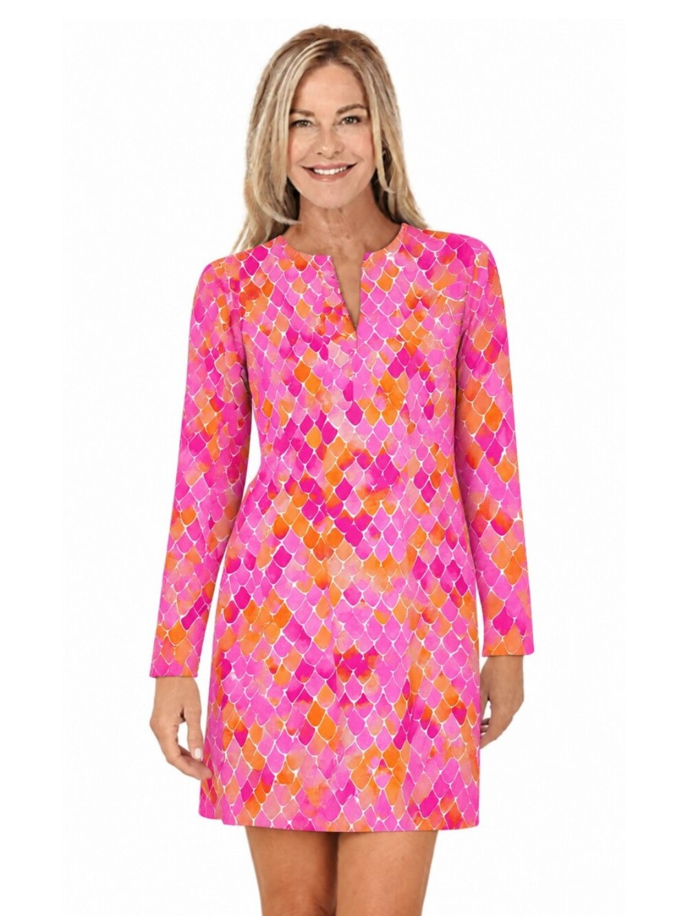 Ibkul Ariel Pink & Orange Scale Print Zip Long Sleeve Dress Size Large